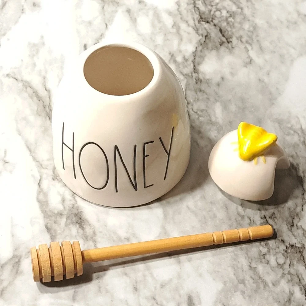 Rae Dunn Ceramic HONEY‎ Pot/ Jar With Wooden Honey Dipper  & Yellow Bee Lid